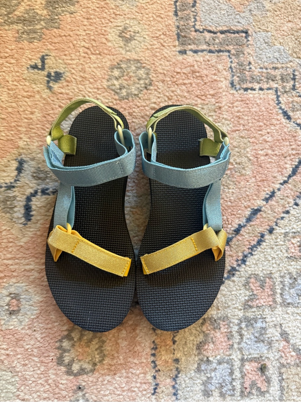 Teva- midform universal velcro sandals, metallic green, blue and yellow. Size 10